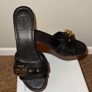 Tory Burch Black and Gold Wedge Sandals